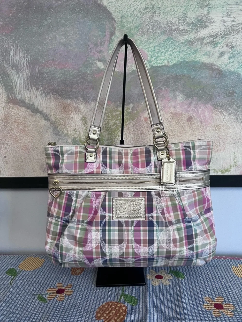 COACH POPPY BLUE GREEN PINK IVORY TARTAN PLAID LG TOTE SATCHEL HANDBAG - Picture 1 of 11